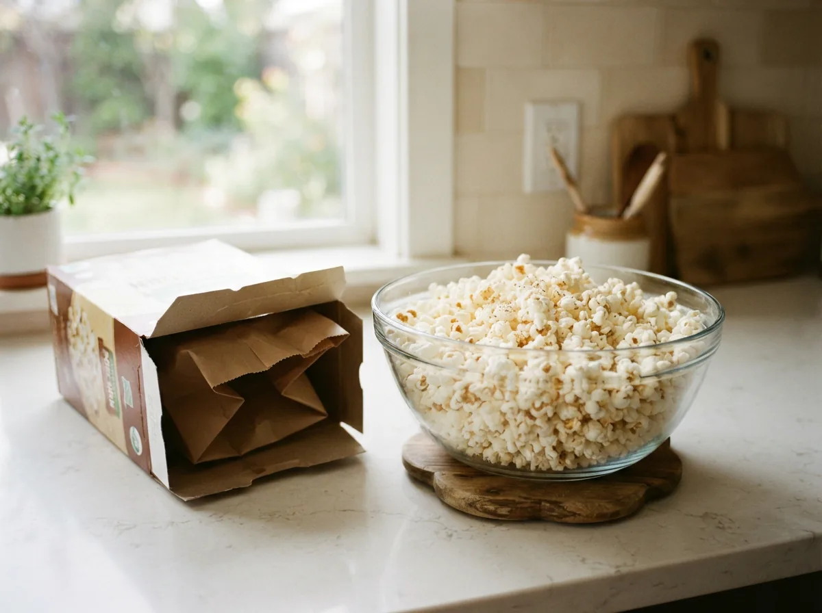 An open box of Simple Truth Organic microwave popcorn kernels beside a freshly popped bowl on a kitchen counter.