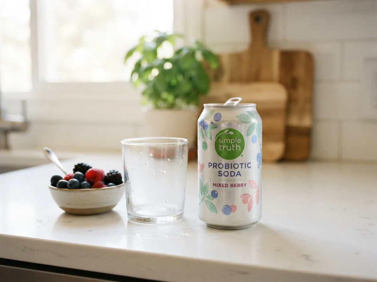 A clean, modern kitchen counter with a bottle of Simple Truth Probiotic Soda, a glass, and a small bowl of fresh fruit.