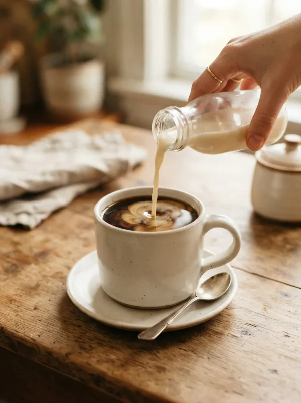 A warm, inviting scene of a cup of coffee with creamer being poured into it, set on a cozy kitchen table.
