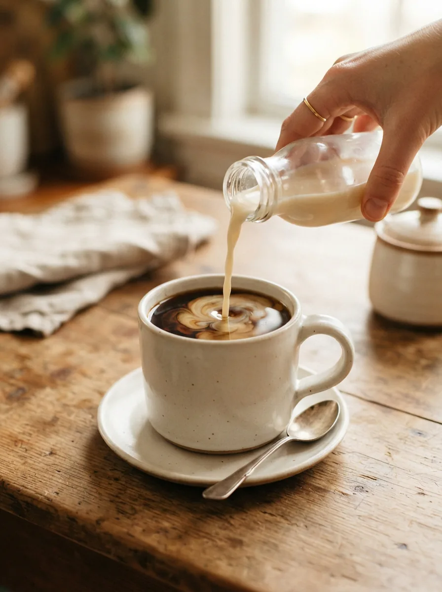 A warm, inviting scene of a cup of coffee with creamer being poured into it, set on a cozy kitchen table.