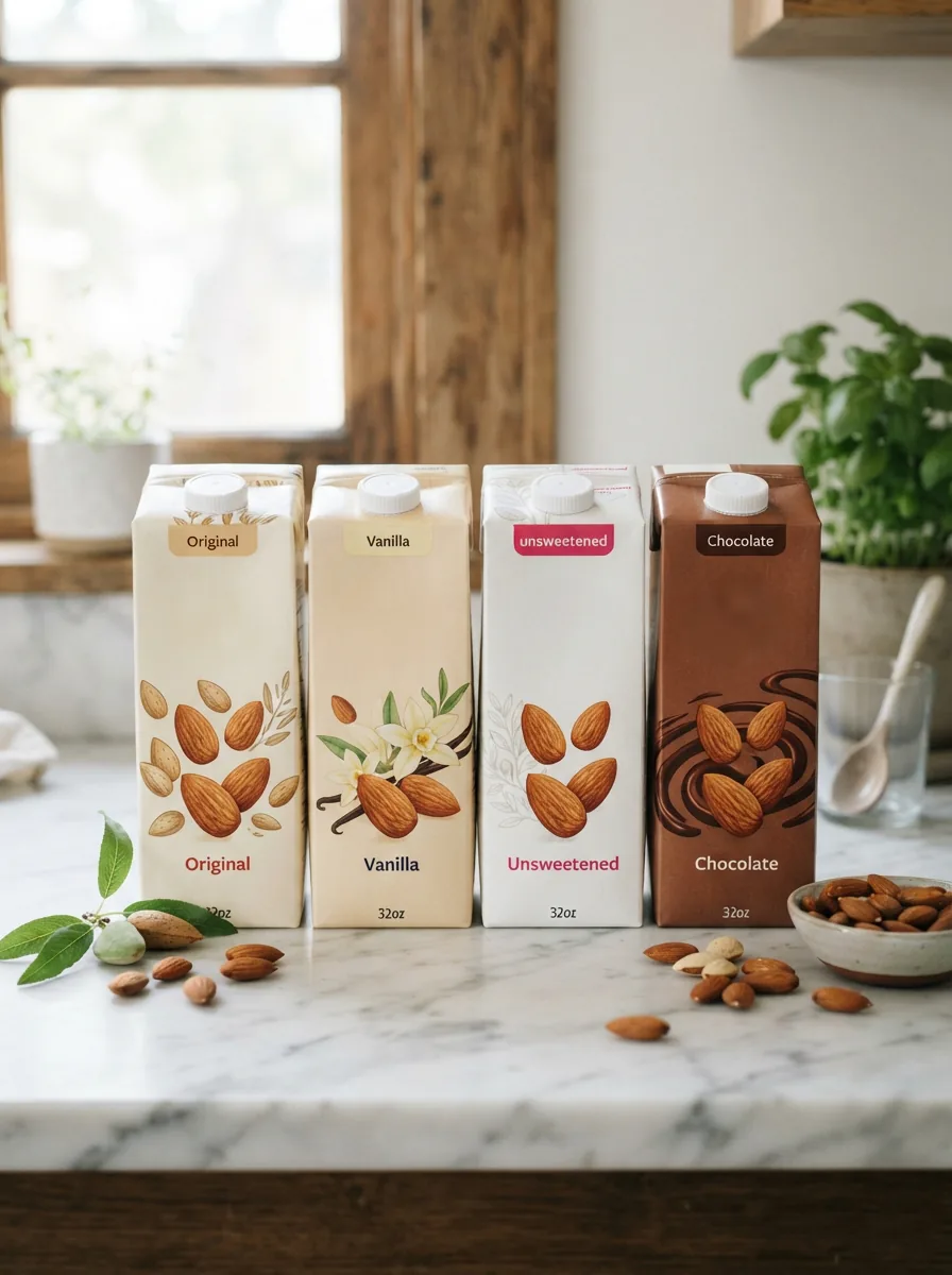 A simple, appealing display of Simple Truth almond milk cartons on a clean background.
