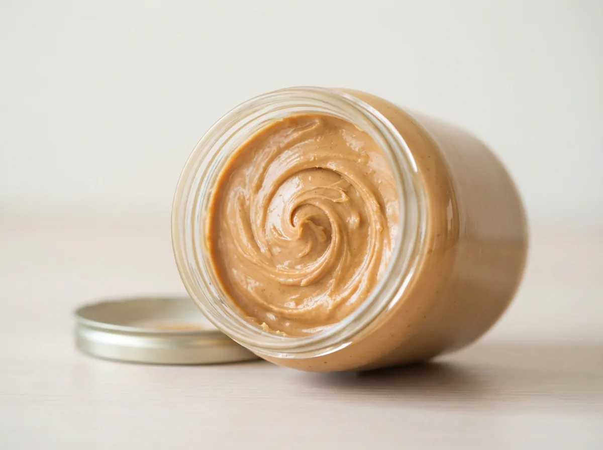 A jar of Simple Truth Organic Creamy Peanut Butter with its lid off, highlighting the smooth surface inside.