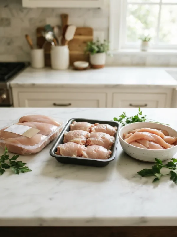 A variety of fresh Simple Truth chicken cuts arranged on a clean, white marble countertop.