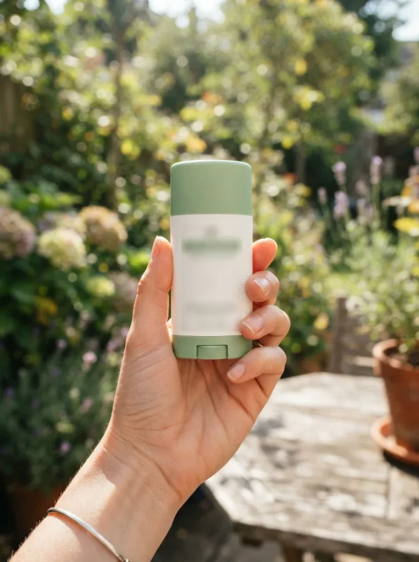 A close-up shot of a hand holding a Simple Truth Natural Deodorant stick against a blurred, sunny outdoor background.