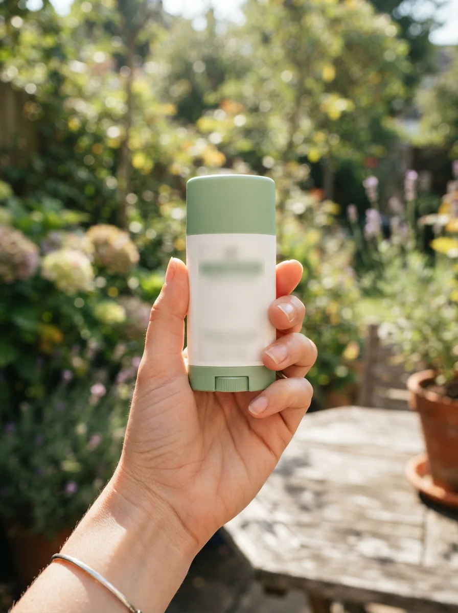 A close-up shot of a hand holding a Simple Truth Natural Deodorant stick against a blurred, sunny outdoor background.