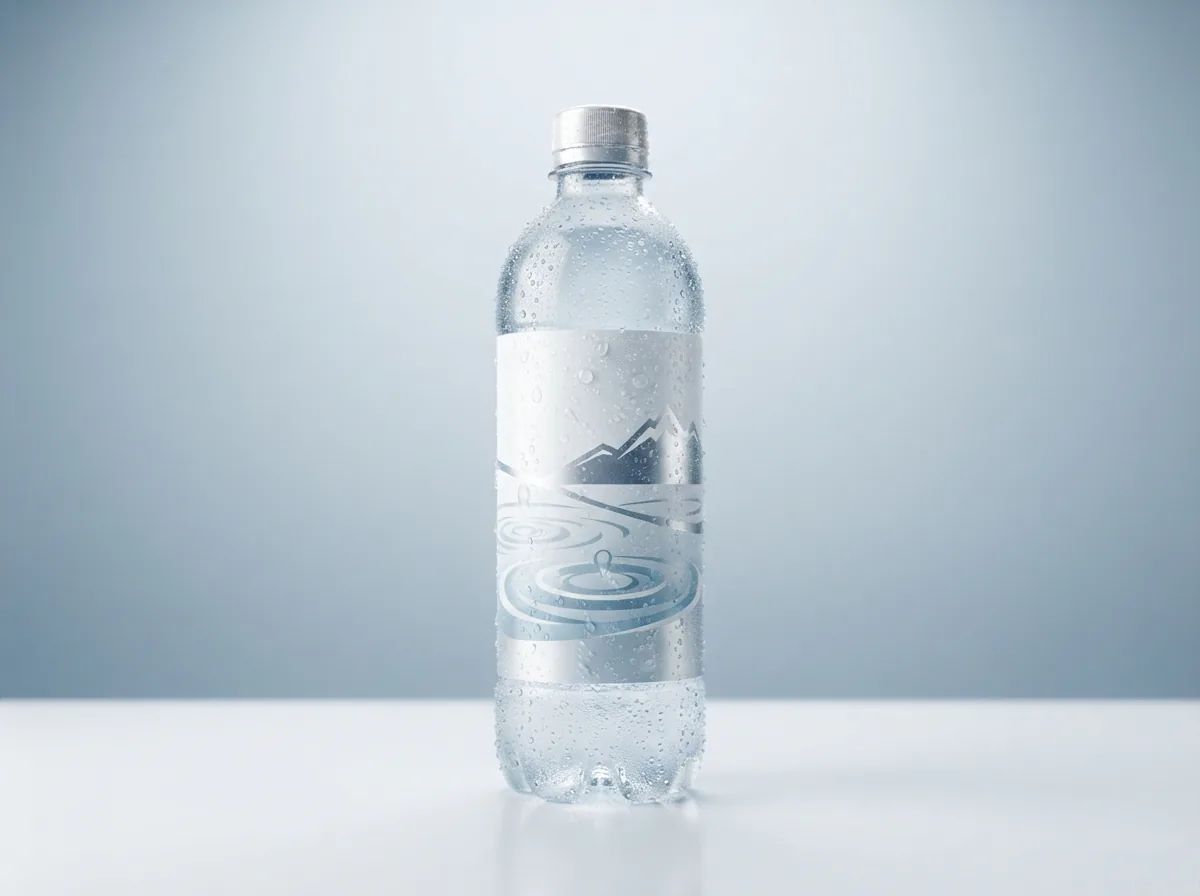 A clear bottle of Simple Truth Vapor Distilled Water with visible water droplets on its surface, set against a clean, bright background.