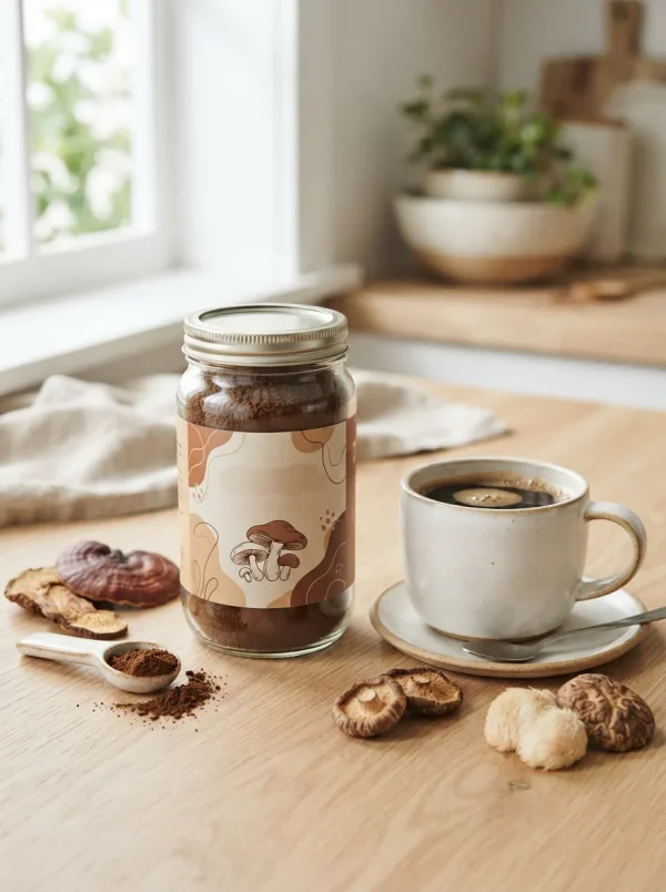 A styled hero shot of the Simple Truth Organic Mushroom Instant Coffee jar on a light surface, with a freshly prepared cup of coffee in a white mug and a few scattered mushroom pieces nearby.