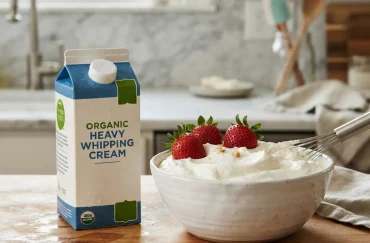 A carton of Simple Truth Organic Heavy Whipping Cream next to a bowl of freshly whipped cream and strawberries.