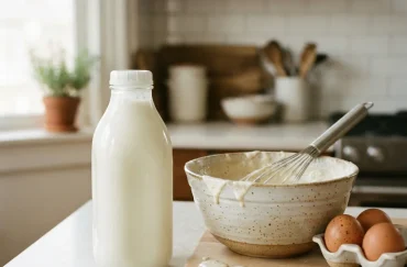 A bottle of Simple Truth Organic Low-Fat Buttermilk next to a bowl of pancake batter.