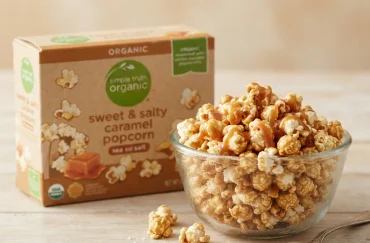 A box of Simple Truth Organic Sweet & Salty Caramel Microwave Popcorn.