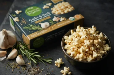 A box of Simple Truth Organic Garlic & Herb Microwave Popcorn.